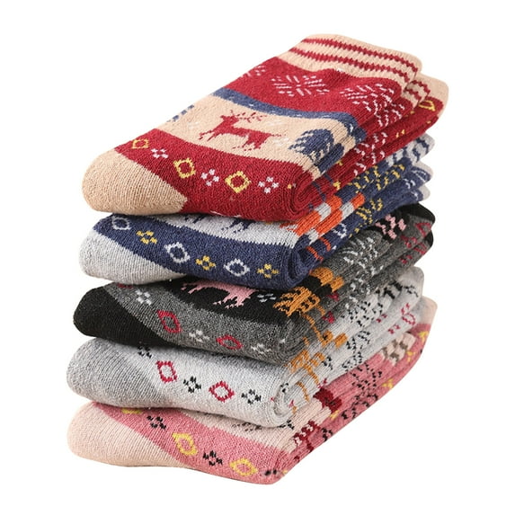 Tisoloow 5 Pairs Wool Socks for Women Men Thermal Socks Winter Thick Warm Hiking Cozy Crew Comfy Boot Socks Deer B One Size