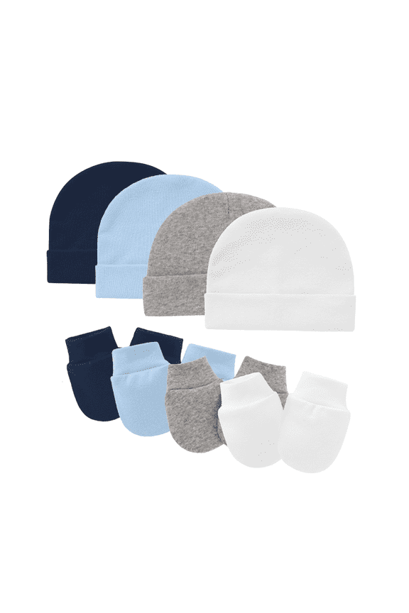 Baby Hats with Scratch Mittens Set Unisex Newborn Hospital Hats for Baby Boys Girls Cute Infant Beanie Caps Cotton Soft Baby Hat Navy&Light Blue&Light Grey&White One Size