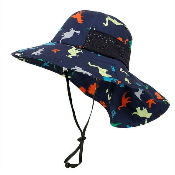 Tisoloow Baby Sun Hats Boys Girls Summer UPF 50 Sun Protection Toddler Beach Hat Neck Flap Kid Cap with Wide Brim Navy Dinosaur Medium