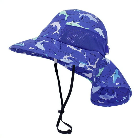 Tisoloow Baby Sun Hats Boys Girls Summer UPF 50  Sun Protection Toddler Beach Hat Neck Flap Kid Cap with Wide Brim Royalblue Shark Medium