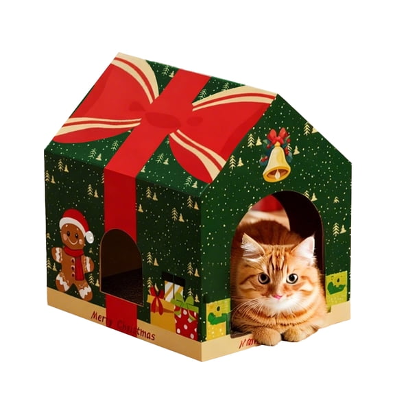 Tisoloow Christmas Cardboard Cat House with Scratching Pad (15"x12"x15") Christmas Decorations Scratching Pad for Kitty Cat Play House for Indoor Cats Christmas Green