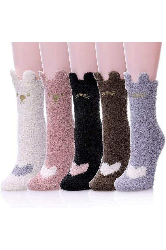 Fuzzy Socks for Women Warm Soft Fluffy Socks Winter Thick Cozy Plush Slipper Socks Sleep Non Slip Cat Socks 5 Pack C One Size