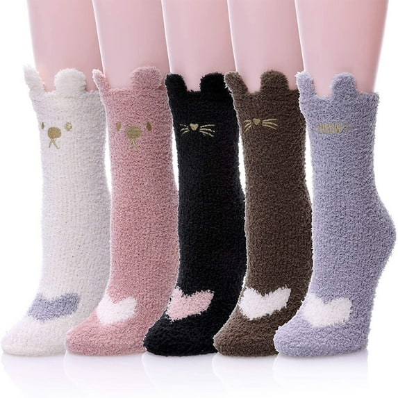 Tisoloow Fuzzy Socks for Women Warm Soft Fluffy Socks Winter Thick Cozy Plush Slipper Socks Sleep Non Slip Cat Socks 5 Pack C One Size