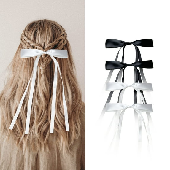 Tisoloow Hair Bows for Women Hair Clip Ribbon Bowknot Hair Clips for Women with Long Tails Hair Accessories Solid Claw Barrettes with Bows for Girls and Women 0 White*2&Black*2 One Size