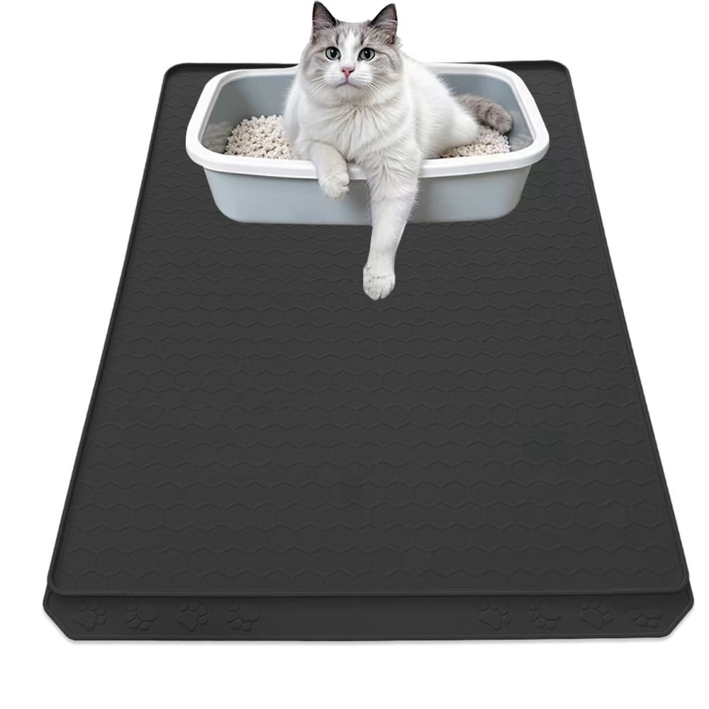 Tisoloow Silicone Large Cat Mat for Litter Box Waterproof 34" X 22" Trapping Mat for Kitty Litter Box Easy to Clean Scatter Control Non-Slip Durable Pad for Floor Black