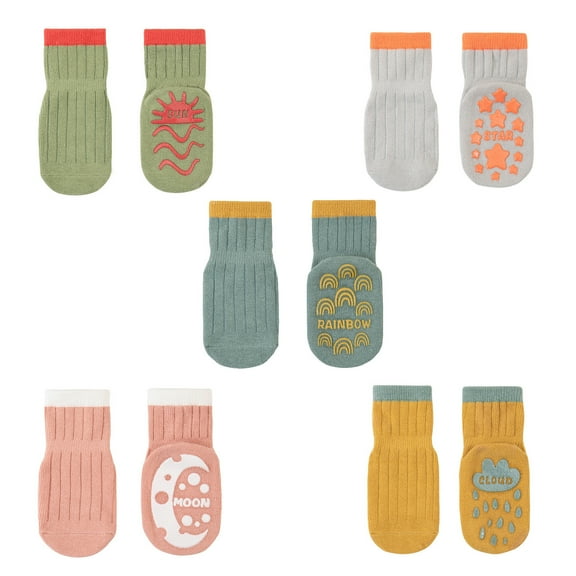 Tisoloow Toddler Non Slip Socks with Grips Baby Socks for Kids Girls Boys Baby Cotton Ankle Crew Socks with Grippers 5 Pairs C 1-3 Years