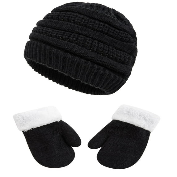 Tisoloow Winter Mittens Gloves Beanie Hat Set Kids Toddler Thick Warm Knit Fleece Lined Thermal Set for Baby Boys Girls Black 3-7 Years