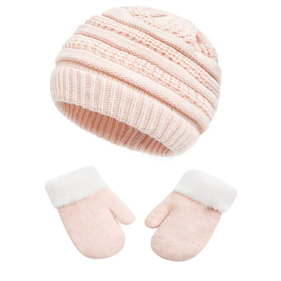 Tisoloow Winter Mittens Gloves Beanie Hat Set Kids Toddler Thick Warm Knit Fleece Lined Thermal Set for Baby Boys Girls Pink 3-7 Years