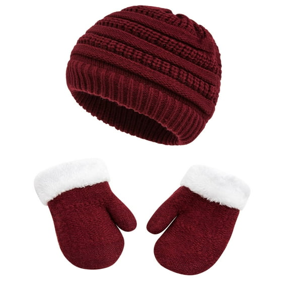 Tisoloow Winter Mittens Gloves Beanie Hat Set Kids Toddler Thick Warm Knit Fleece Lined Thermal Set for Baby Boys Girls Wine 1-3 Years