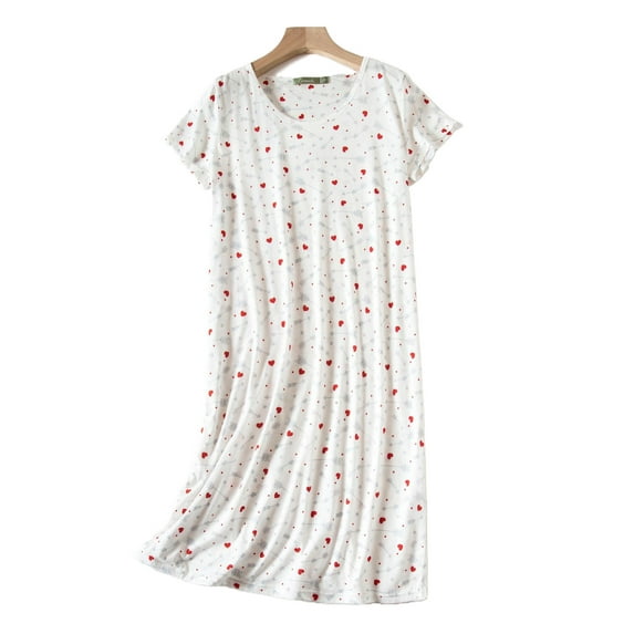 Tisoloow Women's Cotton Nightgown Sleepwear Short Sleeves Shirt Casual Print Sleepdress Heart Small