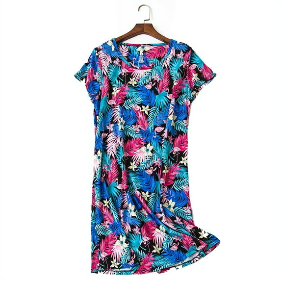 Tisoloow Women's Cotton Nightgown Sleepwear Short Sleeves Shirt Casual Print Sleepdress Leaf Medium