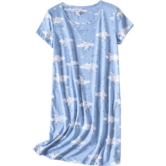 Tisoloow Women's Cotton Nightgown Sleepwear Short Sleeves Shirt Casual Print Sleepdress Light Blue Large