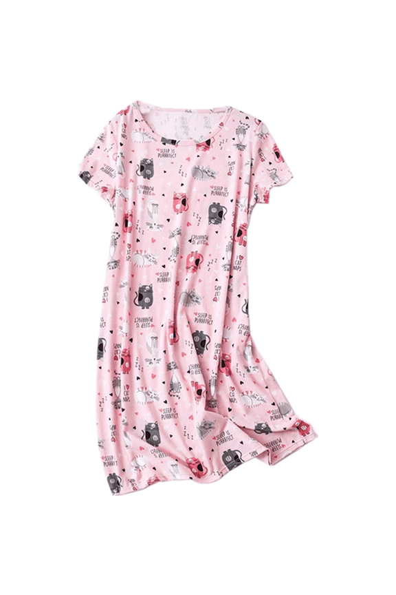Womens Nightgowns Cotton Night Gowns Cartoon Printed Sleep Shirts Soft Pajamas Long Sleepdress Casual Sleepwear Pink Large