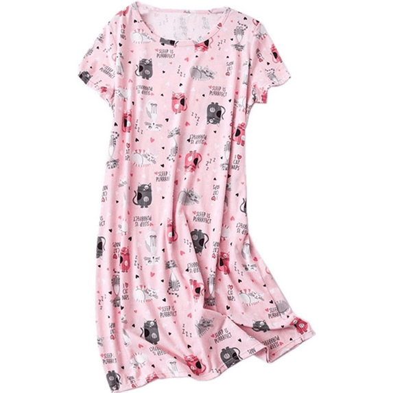 Tisoloow Womens Nightgowns Cotton Night Gowns Cartoon Printed Sleep Shirts Soft Pajamas Long Sleepdress Casual Sleepwear Pink Small