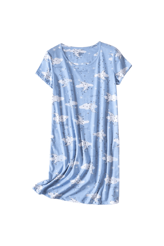 Womens Nightgowns Cotton Sleep Shirts Cartoon Printed Sleepwear Short Sleeves Night Gown Dress Casual Pajamas Light Blue X-Large