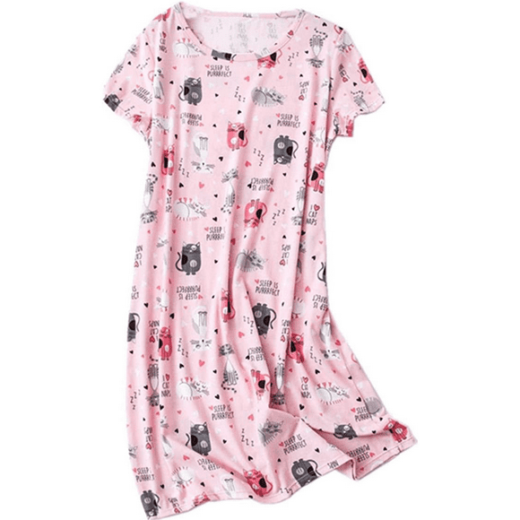 Tisoloow Womens Nightgowns Cotton Sleep Shirts Cartoon Printed Sleepwear Short Sleeves Night Gown Dress Casual Pajamas Pink Large