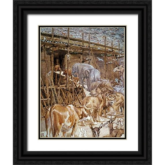Tissot, James 19x24 Black Ornate Wood Framed with Double Matting Museum Art Print Titled - The Animals Enter the Ark