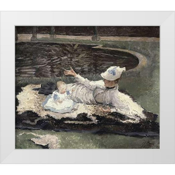 Tissot, James 30x26 White Modern Wood Framed Museum Art Print Titled - Mrs. Newton with a Child by a Pool