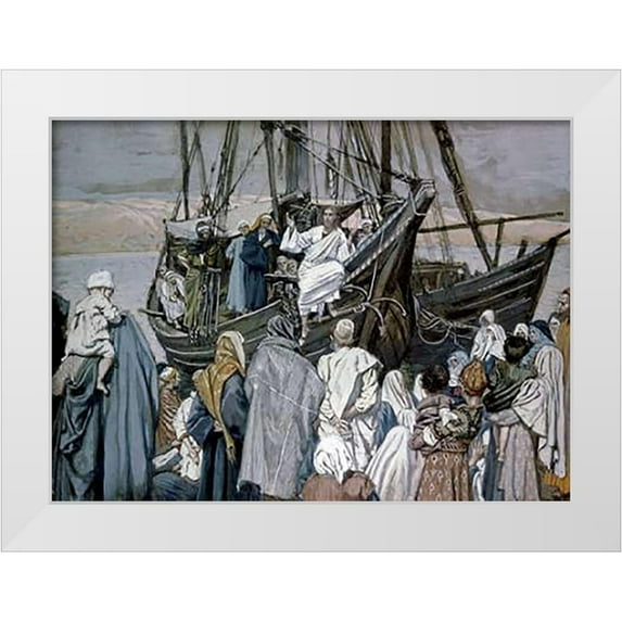 Tissot, James 32x25 White Modern Wood Framed Museum Art Print Titled - Jesus Preaching on a Boat