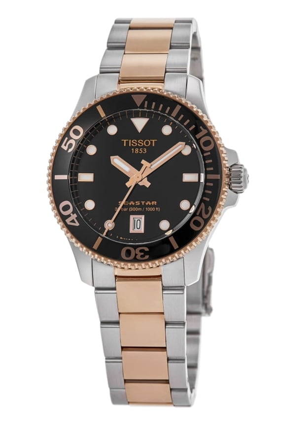 Seastar 1000 Gold Tone Stainless Steel Black Dial Quartz Diver's T120.210.22.051.01 300M Men's Watch