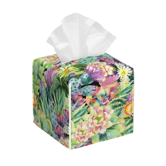 Tissue Watercolor Blooming Cactus Box Cover Holder, Square by Xecao - Leather Decorative Organizer for Tabletop, Bathroom, Car, Office
