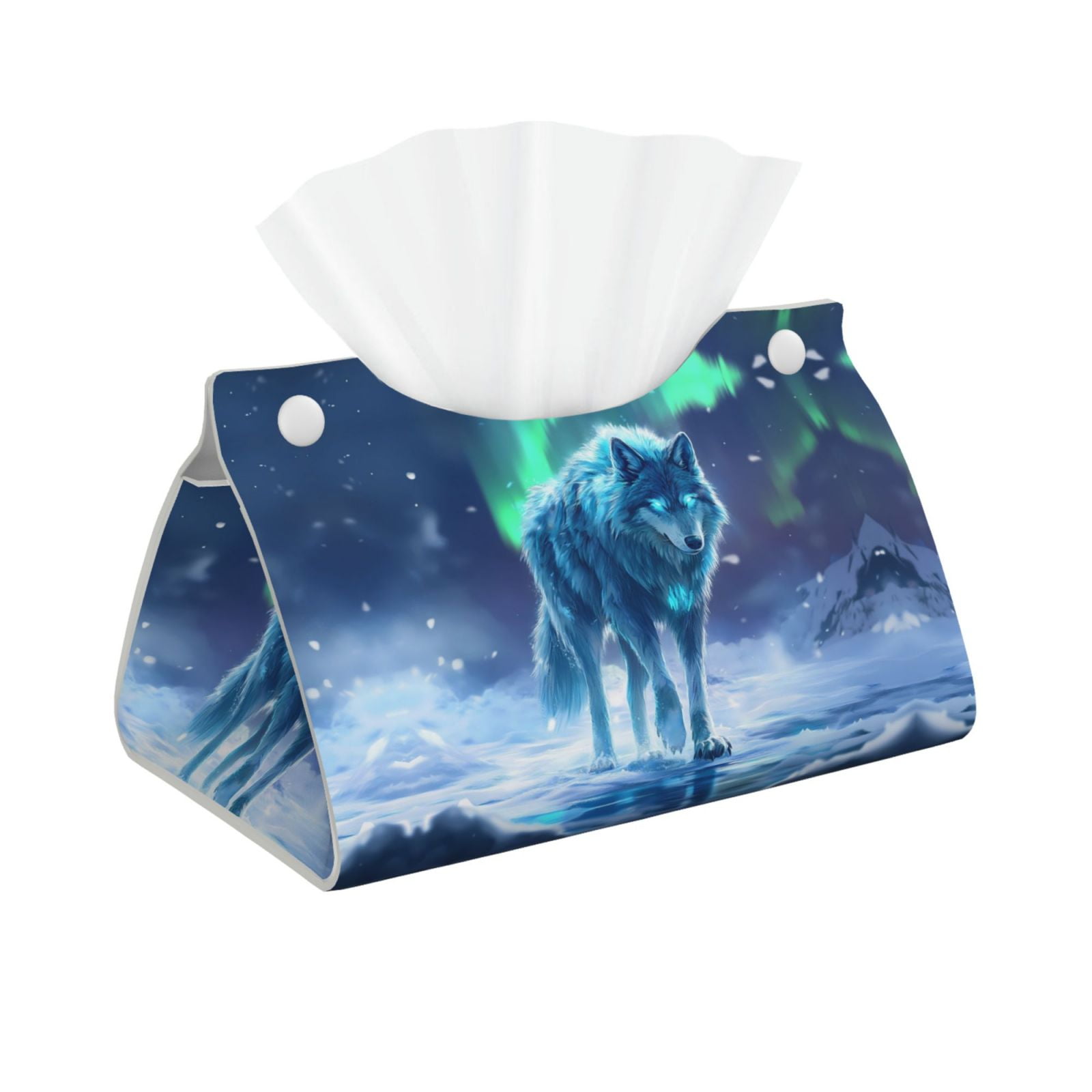 Tissue Box Cover, Aurora Wolf Frozen Lake A Rectangular Leather Tissue