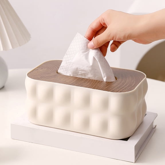 Tissue Box Cover for Bathroom or Living Room, Waffle Texture Plastic with Wood Grain Lid, Modern Decorative Paper Towel Holder for Coffee Table, Bedroom, Office
