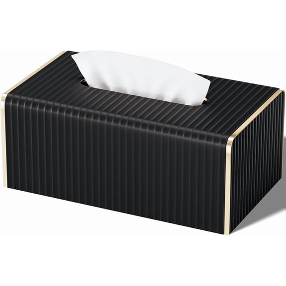 Tissue Box Cover,Black Rectangle PU Leather Tissue Holder with Gold-Tone Edging Accents,Tissue Box Cover for Bathroom Toilet Bedroom Living Room Table Desk Office,Countertop