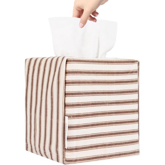 Tissue Box Cover, Fabric Tissue Box Holder Square, Stylish Reusable Toilet Paper Storage, Modern Bathroom Counter Organizer Decorations Accessories,Ticking Stripe 5''x5''x5'' (Light Brown)