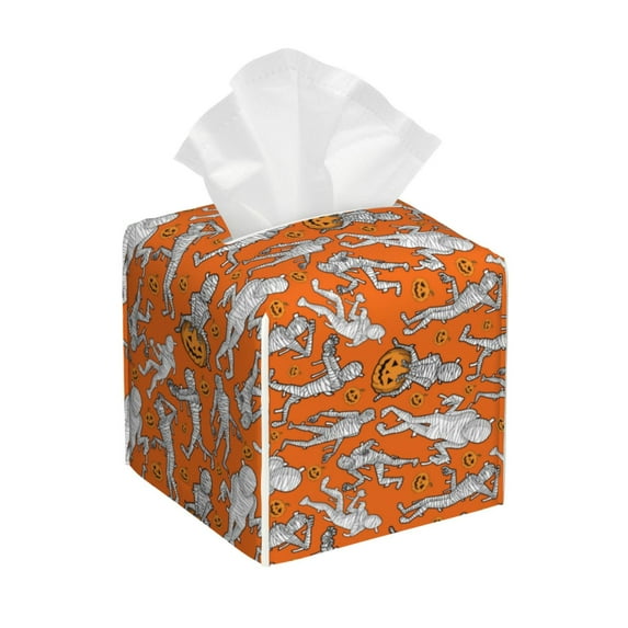 Tissue Box Cover, Halloween mummy Leather Tissue Box Holder Square for Bathroom, Waterproof Box Cover Decorative for Vanity Countertop/Night Stands/Office Desk