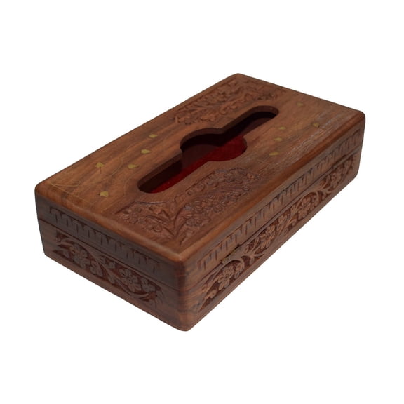 Tissue Box Cover - Handmade sheesham Tissue Paper Holder Decorative Brass Work - Unique Designer Wooden Tissue Holder/Tissue Dispenser 10" x 6"