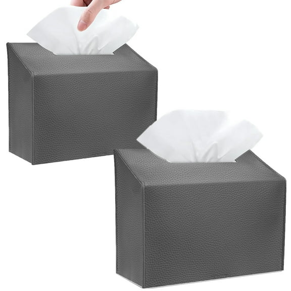 Tissue Box Cover Holder Rectangle Compatible with Disposable Paper Hand Towels, PU Leather Decorative Organizer Dispenser for Tabletop, Bathroom, Car, Office (Gray - 2 Pack)