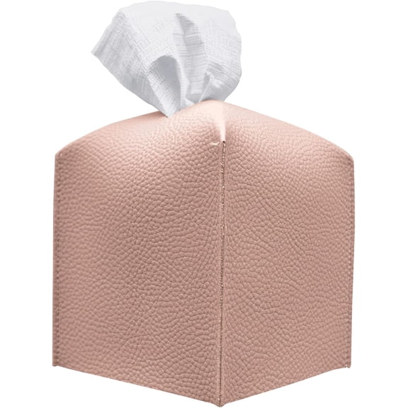 Tissue Box Cover Holder, Square Modern Decorative PU Leather Facial Tissue Case and Roll Paper Dispenser for Bathroom Vanity Countertops, Nightstands, Office Desks, and Cars  5x5x5'' | Pink