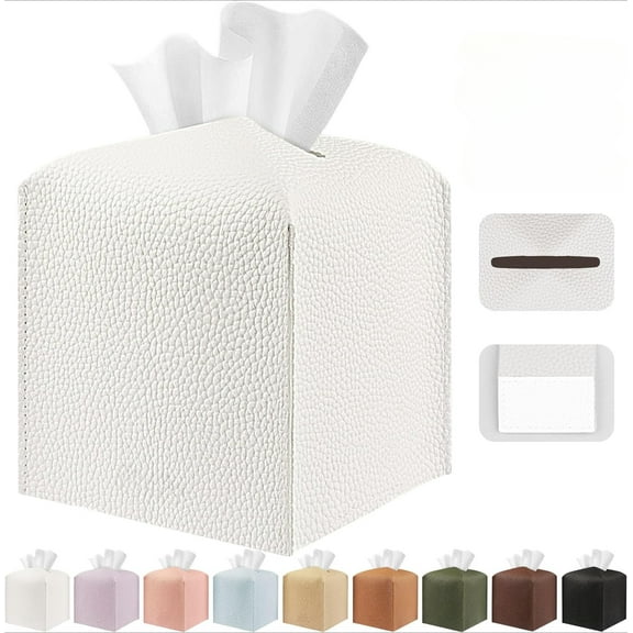 Tissue Box Cover Holder Square Tissue Cube Cover PU Leather Tissue Organizer with Bottom Belt for Bathroom, Tabletop, Car, Night Stands, Office, Home, Kitchen
