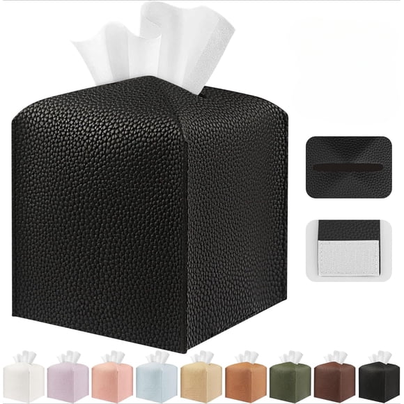 Tissue Box Cover Holder Square Tissue Cube Cover PU Leather Tissue Organizer with Bottom Belt for Bathroom, Tabletop, Car, Night Stands, Office, Home, Kitchen