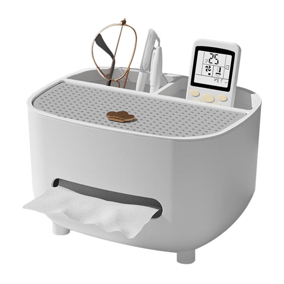 Tissue Box Cover Holder With Storage Glasses, Pen, Remote Control, Napkin Tissue Box, Multi-function Box Plastic Desk Storage Organizer Caddy For Bathroom, Bedroom And Office, Grey White