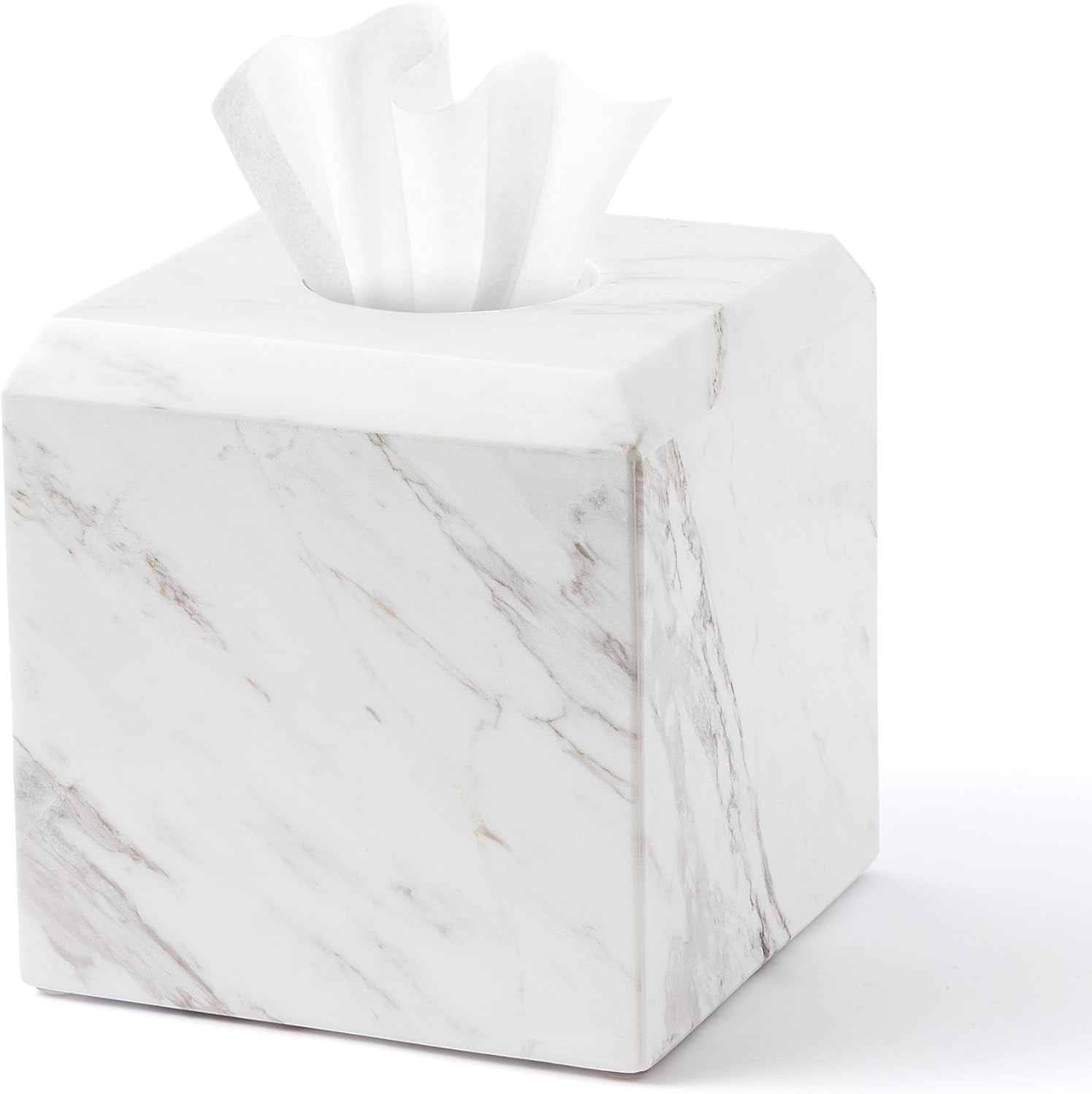 Tissue Box Cover Italy Natural Marble Heavy Duty Square Facial Toilet Paper Holder for Bathroom Living Room Bedroom Dresser Vanity Kitchen Minimalistic Office Home Decor Jazz White (WH014)