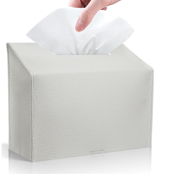 Tissue Box Cover, NOGIS Pu Leather Square Tissue Box Holder with Bottom Belt Modern Style Tissue Box Organizer for Home, Car, Hotel, Office (White)