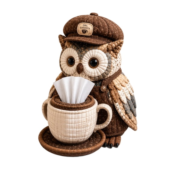 Tissue Box Cover Owl Coffee Themed Decor Single Piece for Coffee Bar and Living Room
