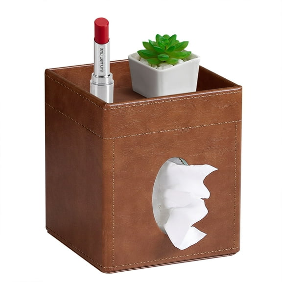 Tissue Box Cover, PU Leather Square Tissue Box Holder with Storage Tray for Bathroom Vanity Countertop Night Stands Bedroom Office Desk, Stylish Tissue Holder Decorative Organizer (Brown)