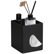 Tissue Box Cover, PU Leather Square Tissue Box Holder with Storage Tray for Bathroom Vanity Countertop Night Stands Bedroom Office Desk, Stylish Tissue Holder Decorative Organizer (Black)