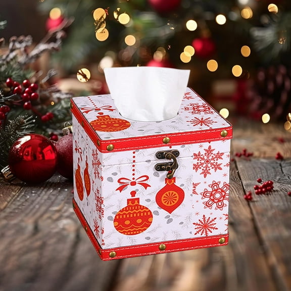 Tissue Box Cover, PU Leather Tissue Box Holder Fmlxio Christmas Wooden Leather Tissue Box Paper Box Home Restaurant Living Room Coffee Table Desktop Tissue Storage Box Holiday Gift Finder
