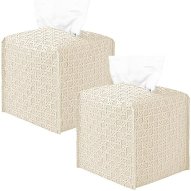 Tissue Box Cover PU Leather Tissue Holder Square Facial Tissue Case Facial Paper Organizer Dispenser for Bathroom, Vanity Countertop, Tabletop, Car，2PCS (Cream)