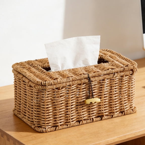 Tissue Box Cover, Plastic Straw Woven Napkin Box Holder, Square Facial Tissue Storage Box, Rustic Decorative on Table and Bathroom, Office, Boho Decorative