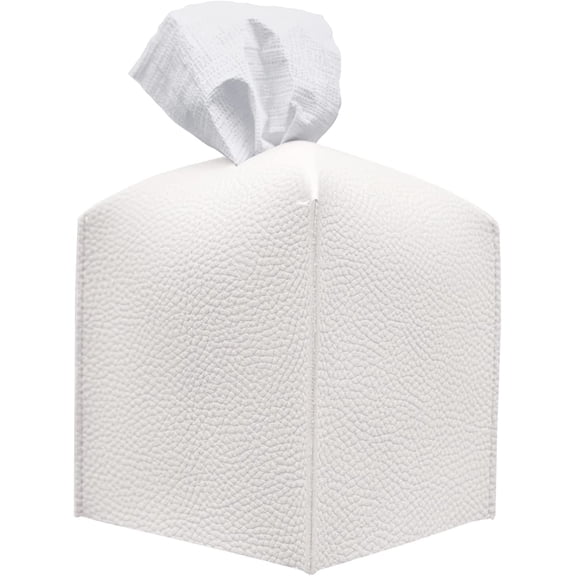 Tissue Box Cover, Refined Modern PU Leather Square Holder - Decorative Holder/Organizer for Bathroom Vanity Countertop, Night Stands, Office Desk & Car 5"X5"X5" White