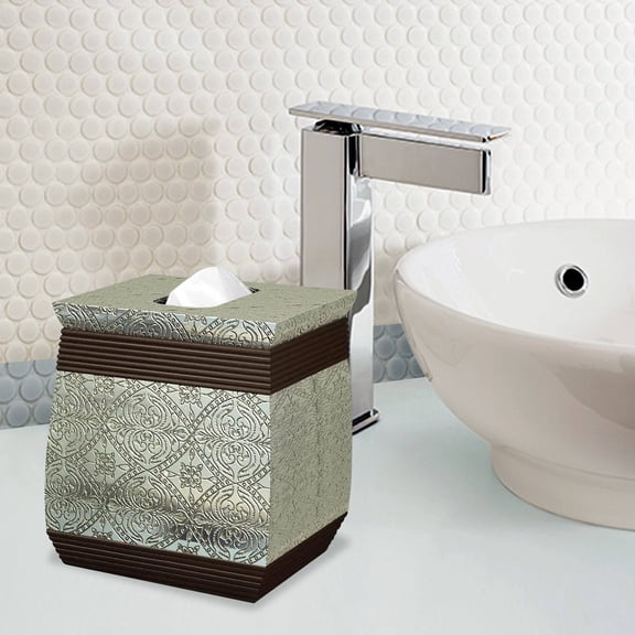 Tissue Box Cover | Resin Square Facial Tissue Box Holder | Silver/Oil Rubbed Bronze Finish