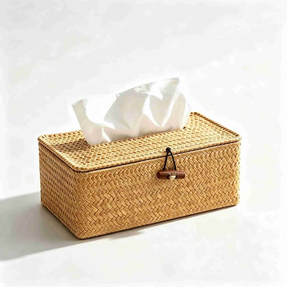Tissue Box Cover, Seagrass Rattan Tissue Box Holder Rectangle Woven Tissue Box Cover with Flip-Open Top Decorative Facial Tissue Holder for Barthroom Kitchen Office Ornament, Caramel