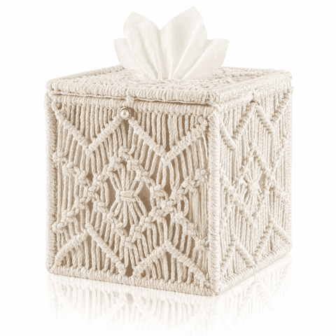 Tissue Box Cover, Square Tissue Box Holder, Bohemian Handmade Woven Boho Decor Tissue Organizer for Bathroom, Living Room, Kitchen (1-Pack)