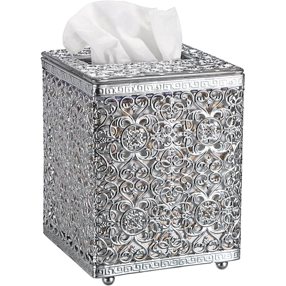 Tissue Box Cover Square Tissue Box with Lid, Metal Tissue Box Holder Stylish Tissue Cover Cube Tissue Box Cover for Bathroom Toilet Kitchen Table Desk Home Office, Silver