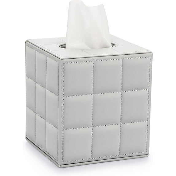Tissue Box Cover Square Tissue Box Stylish PU Tissue Box Holder with Magnetic Bottom, Cube Leather Tissue Cover for Living Room Bathroom Table Desk Home Office Car, Light Grey